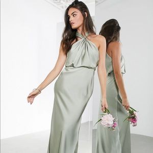 ASOS EDITION satin ruched halter neck maxi dress in sage green. NWT